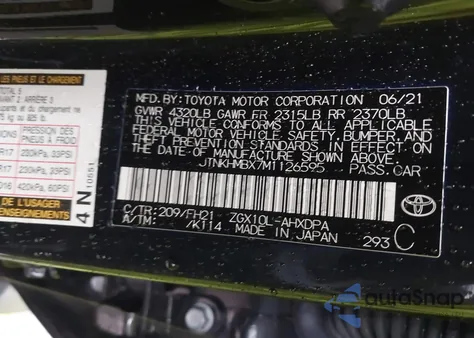 2021 Toyota C-Hr Le z USA, uszkodzony, nr VIN JTNKHMBX7M1126595